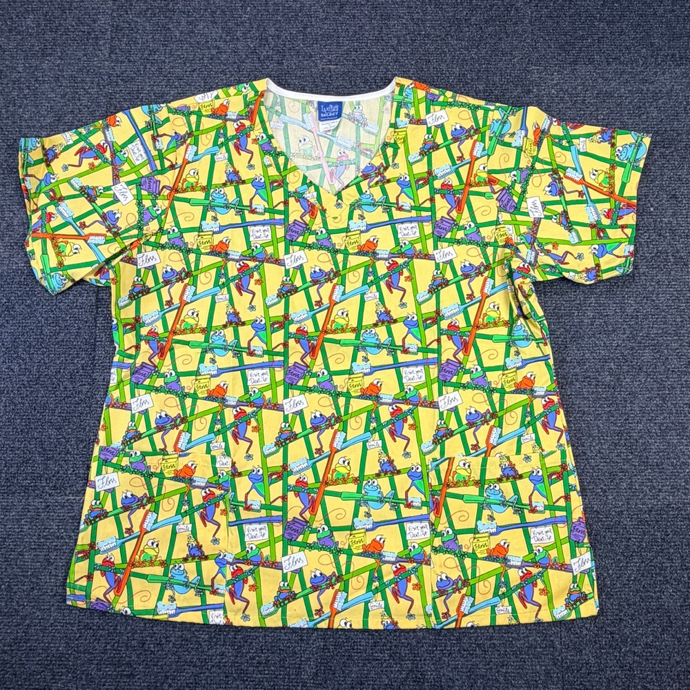 Lydia's Select Womens XL Scrub Top Yellow Frog Dental Toothbrush Print 8254-2596